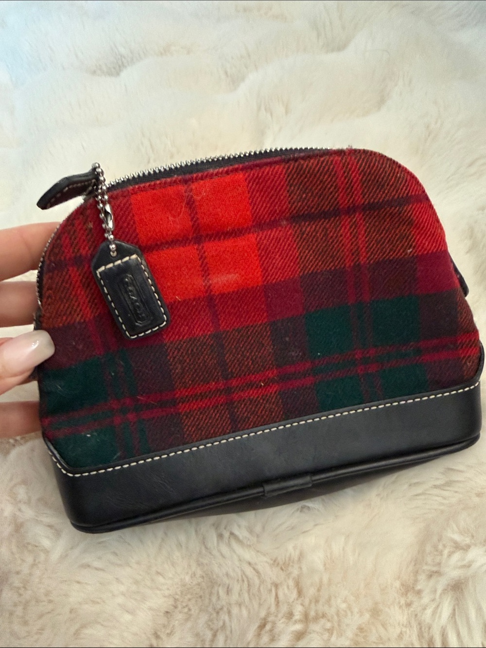 Coach Red and Green Plaid Cosmetic Pouch with Black Leather Trim